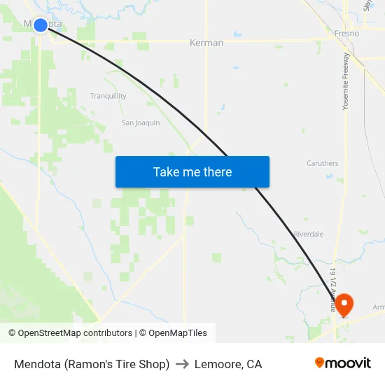Mendota (Ramon's Tire Shop) to Lemoore, CA map
