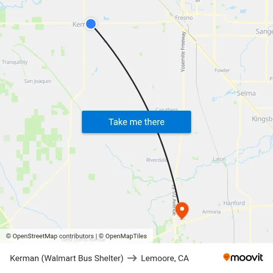 Kerman (Walmart Bus Shelter) to Lemoore, CA map