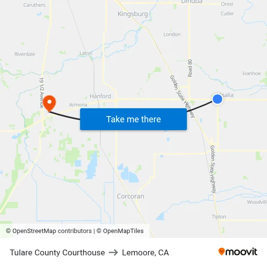 Tulare County Courthouse to Lemoore, CA map