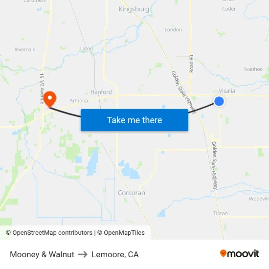 Mooney & Walnut to Lemoore, CA map