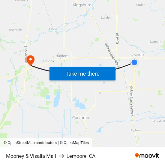 Mooney & Visalia Mall to Lemoore, CA map