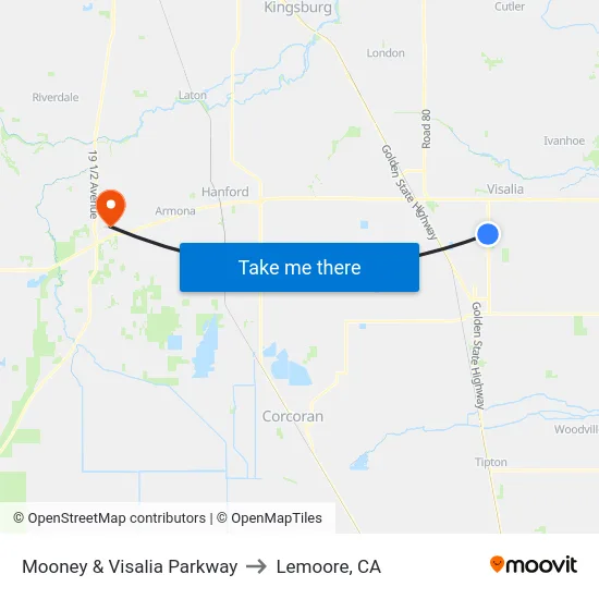 Mooney & Visalia Parkway to Lemoore, CA map