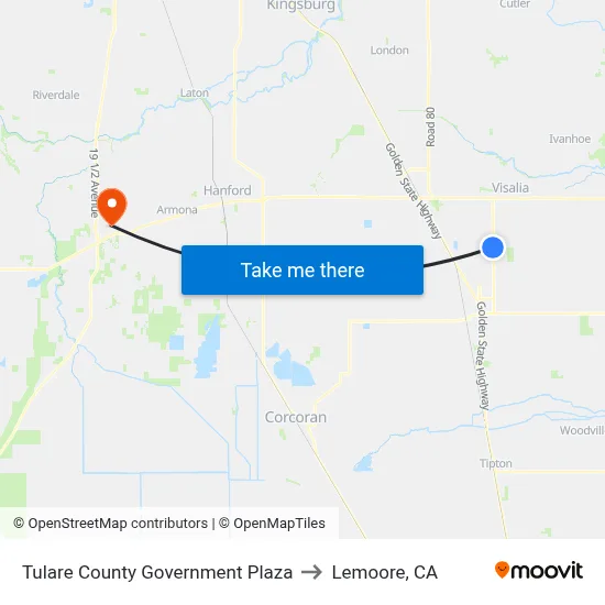 Tulare County Government Plaza to Lemoore, CA map