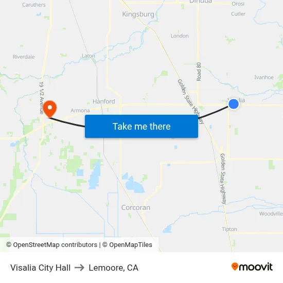 Visalia City Hall to Lemoore, CA map
