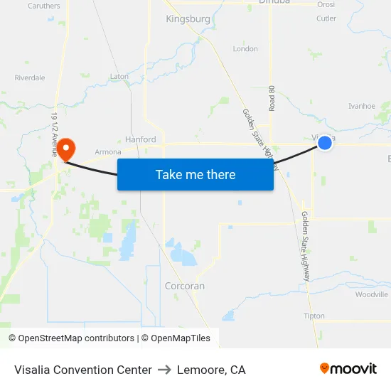Visalia Convention Center to Lemoore, CA map