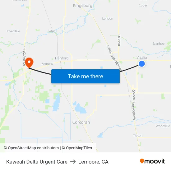 Kaweah Delta Urgent Care to Lemoore, CA map