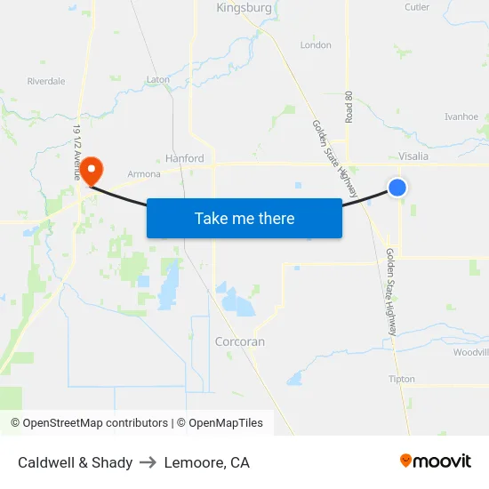 Caldwell & Shady to Lemoore, CA map