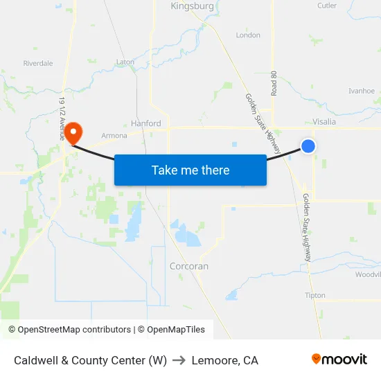 Caldwell & County Center (W) to Lemoore, CA map