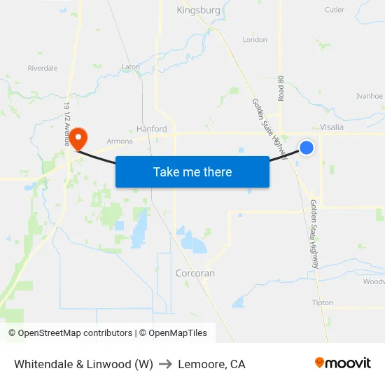 Whitendale & Linwood (W) to Lemoore, CA map