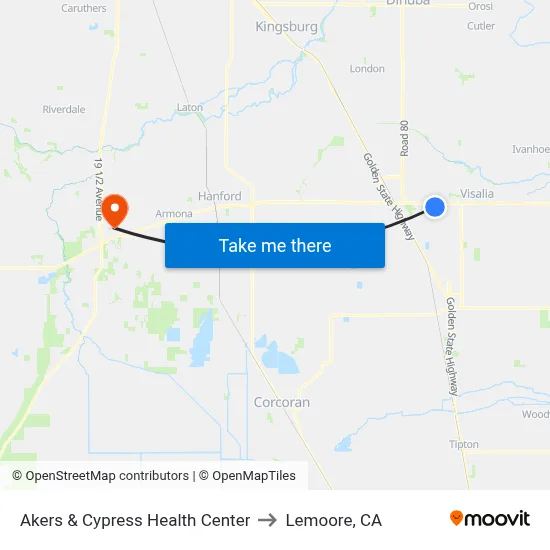 Akers & Cypress Health Center to Lemoore, CA map