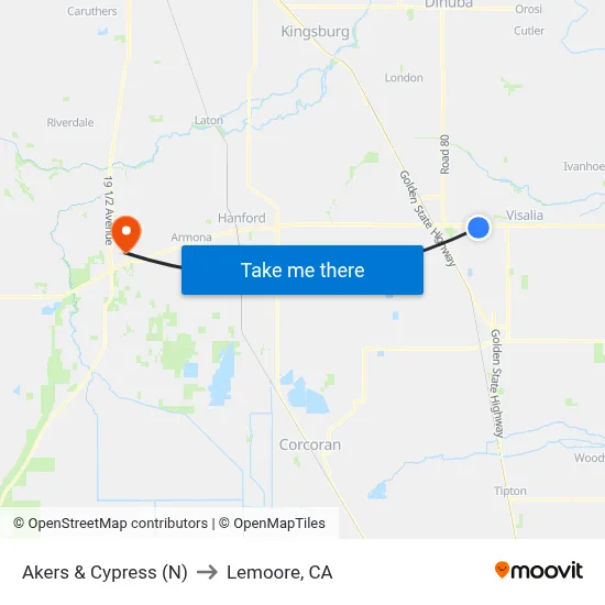 Akers & Cypress (N) to Lemoore, CA map