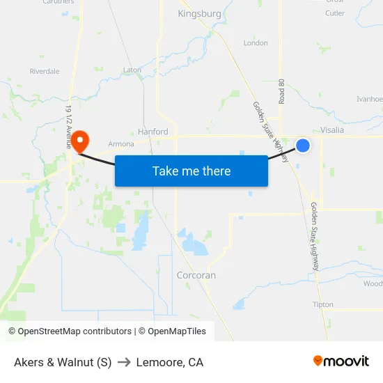 Akers & Walnut (S) to Lemoore, CA map