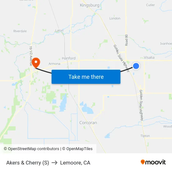 Akers & Cherry (S) to Lemoore, CA map