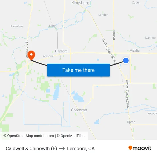 Caldwell & Chinowth (E) to Lemoore, CA map