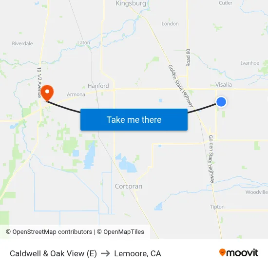 Caldwell & Oak View (E) to Lemoore, CA map