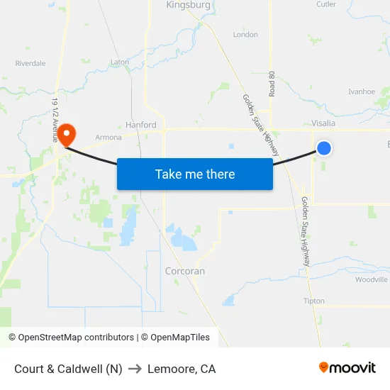 Court & Caldwell (N) to Lemoore, CA map