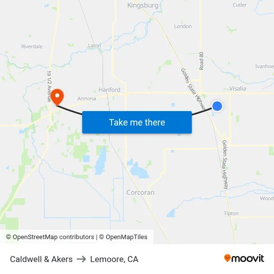 Caldwell & Akers to Lemoore, CA map
