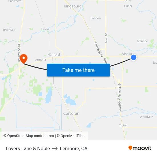 Lovers Lane & Noble to Lemoore, CA map
