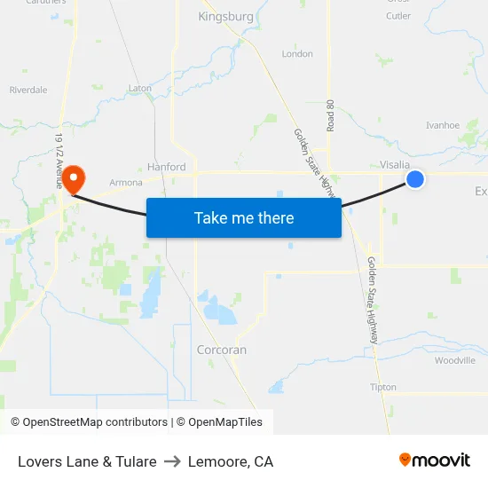 Lovers Lane & Tulare to Lemoore, CA map