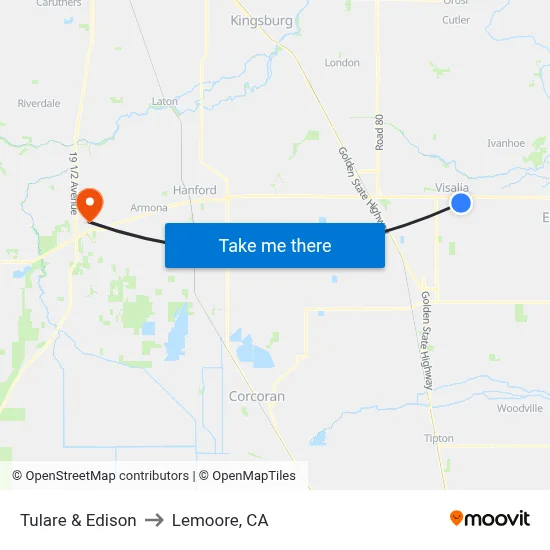 Tulare & Edison to Lemoore, CA map