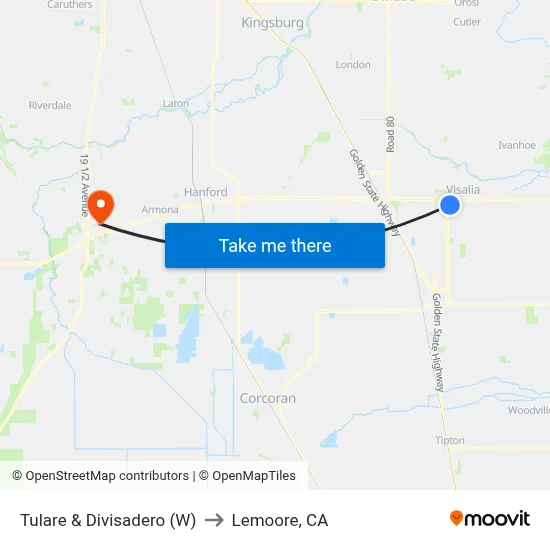 Tulare & Divisadero (W) to Lemoore, CA map