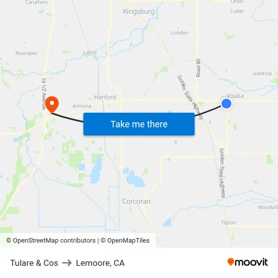 Tulare & Cos to Lemoore, CA map