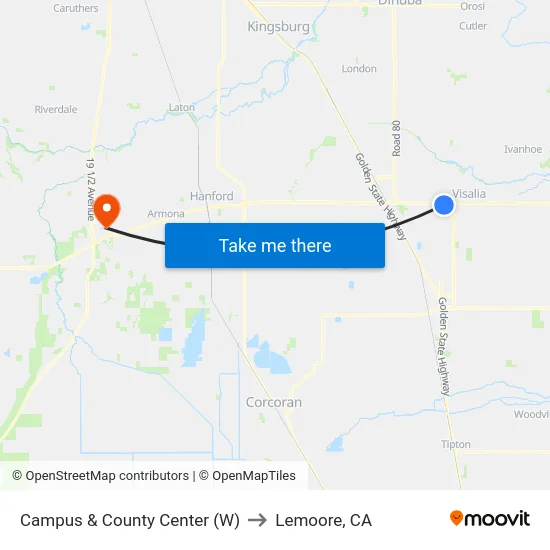 Campus & County Center (W) to Lemoore, CA map