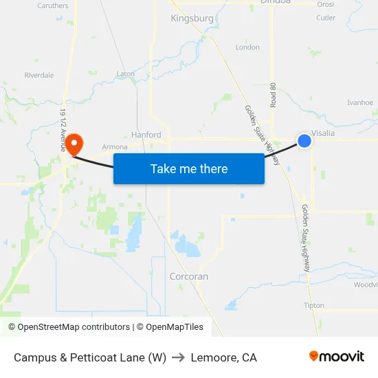Campus & Petticoat Lane (W) to Lemoore, CA map