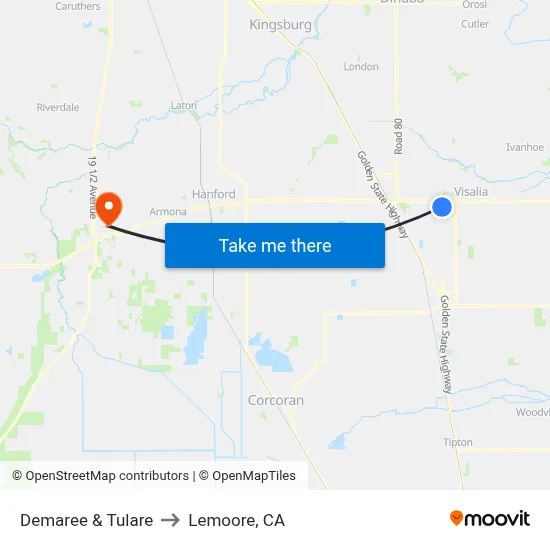 Demaree & Tulare to Lemoore, CA map