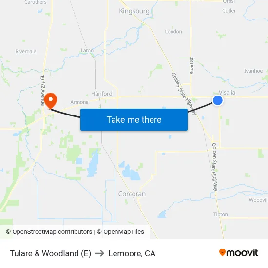 Tulare & Woodland (E) to Lemoore, CA map