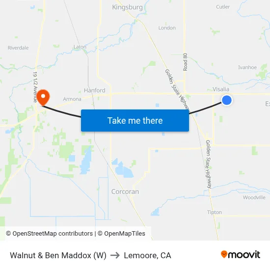 Walnut & Ben Maddox (W) to Lemoore, CA map