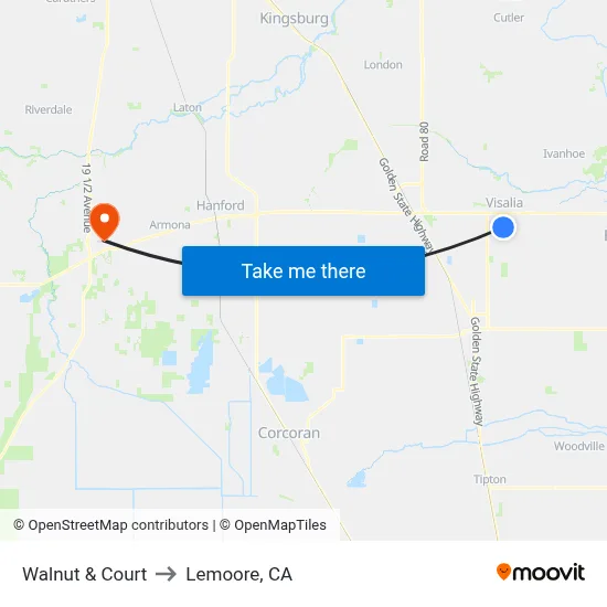 Walnut & Court to Lemoore, CA map