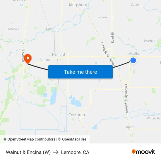 Walnut & Encina (W) to Lemoore, CA map