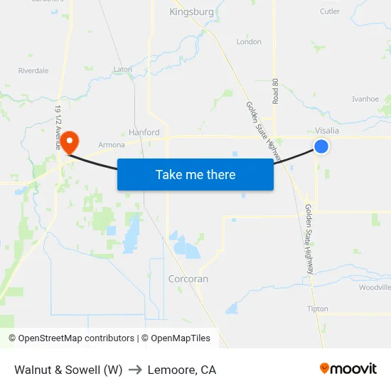 Walnut & Sowell (W) to Lemoore, CA map