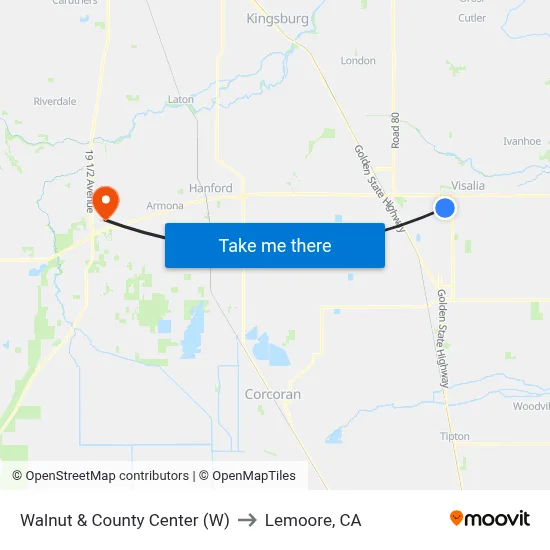 Walnut & County Center (W) to Lemoore, CA map