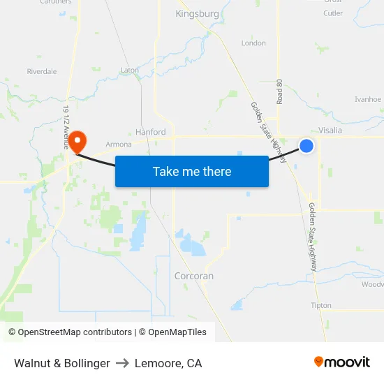 Walnut & Bollinger to Lemoore, CA map