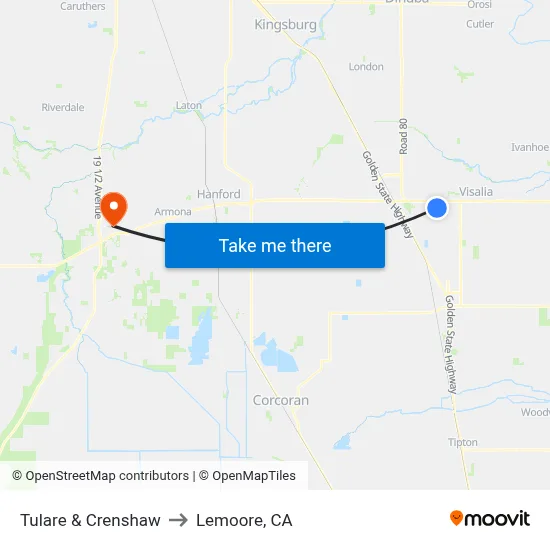 Tulare & Crenshaw to Lemoore, CA map