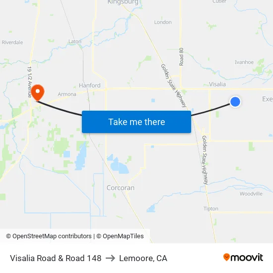 Visalia Road & Road 148 to Lemoore, CA map