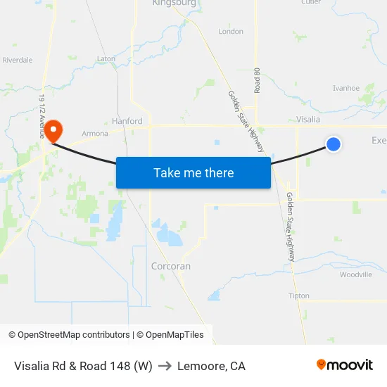 Visalia Rd & Road 148 (W) to Lemoore, CA map
