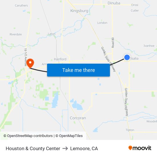 Houston & County Center to Lemoore, CA map