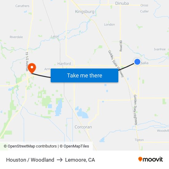 Houston / Woodland to Lemoore, CA map