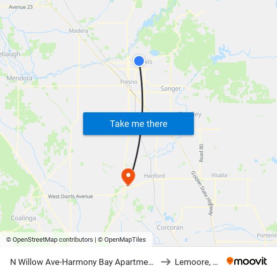 N Willow Ave-Harmony Bay Apartments to Lemoore, CA map