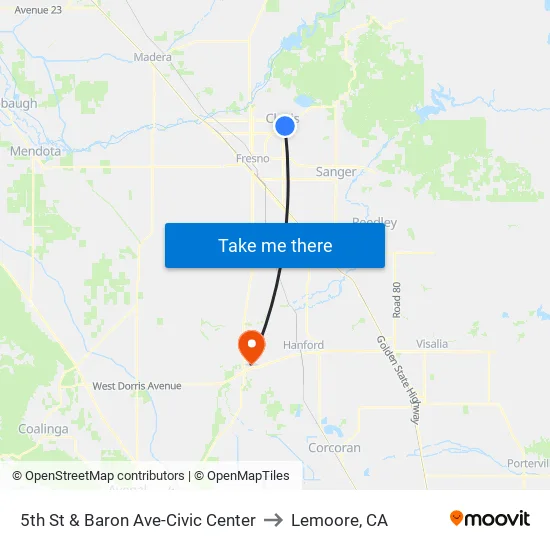 5th St & Baron Ave-Civic Center to Lemoore, CA map