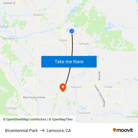 Bicentennial Park to Lemoore, CA map