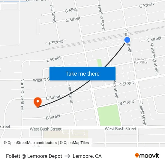 Follett @ Lemoore Depot to Lemoore, CA map