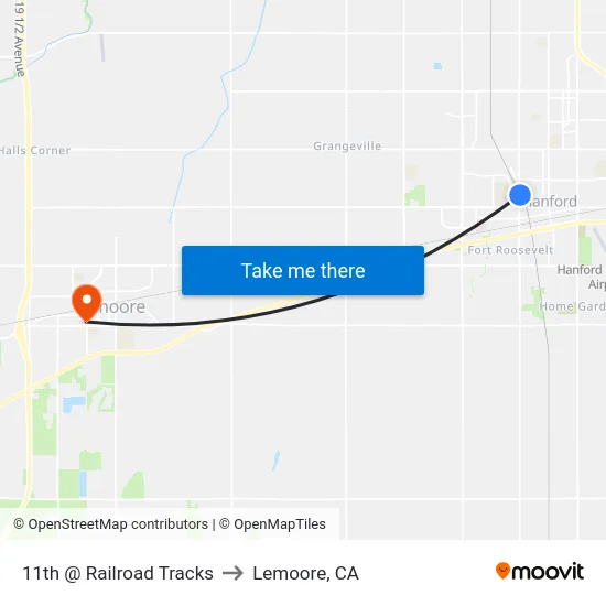11th @ Railroad Tracks to Lemoore, CA map