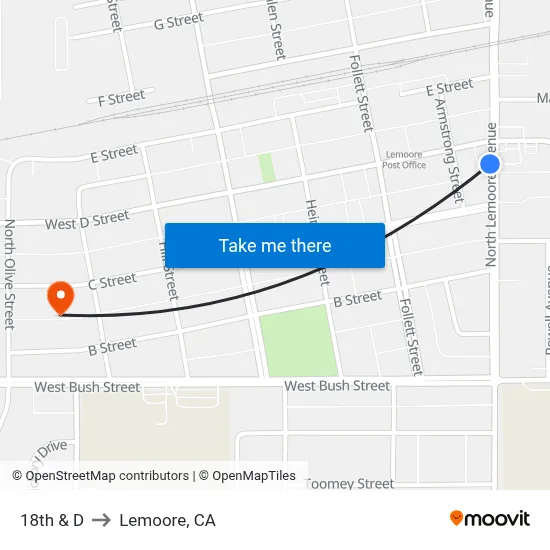18th & D to Lemoore, CA map