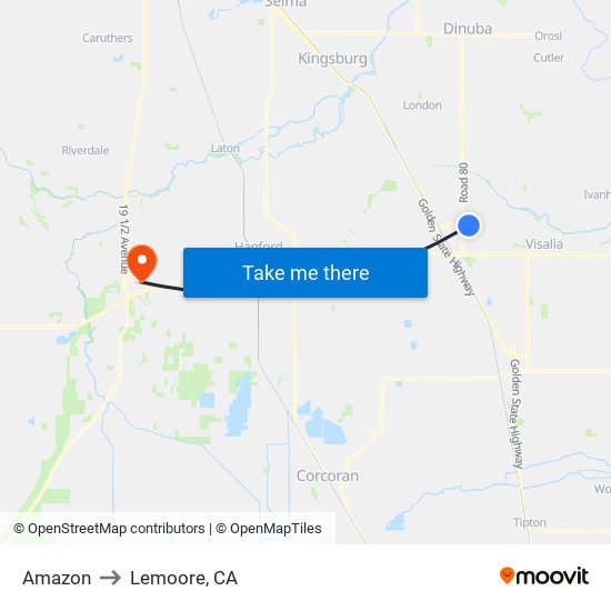 Amazon to Lemoore, CA map