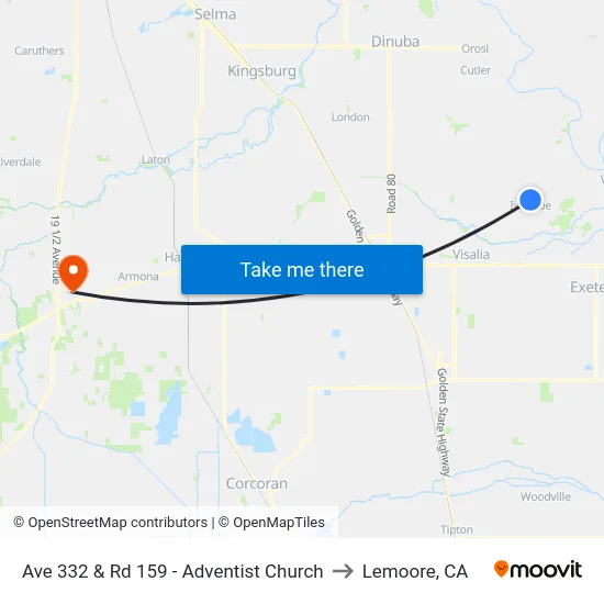 Ave 332 & Rd 159 - Adventist Church to Lemoore, CA map