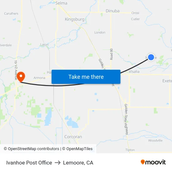 Ivanhoe Post Office to Lemoore, CA map
